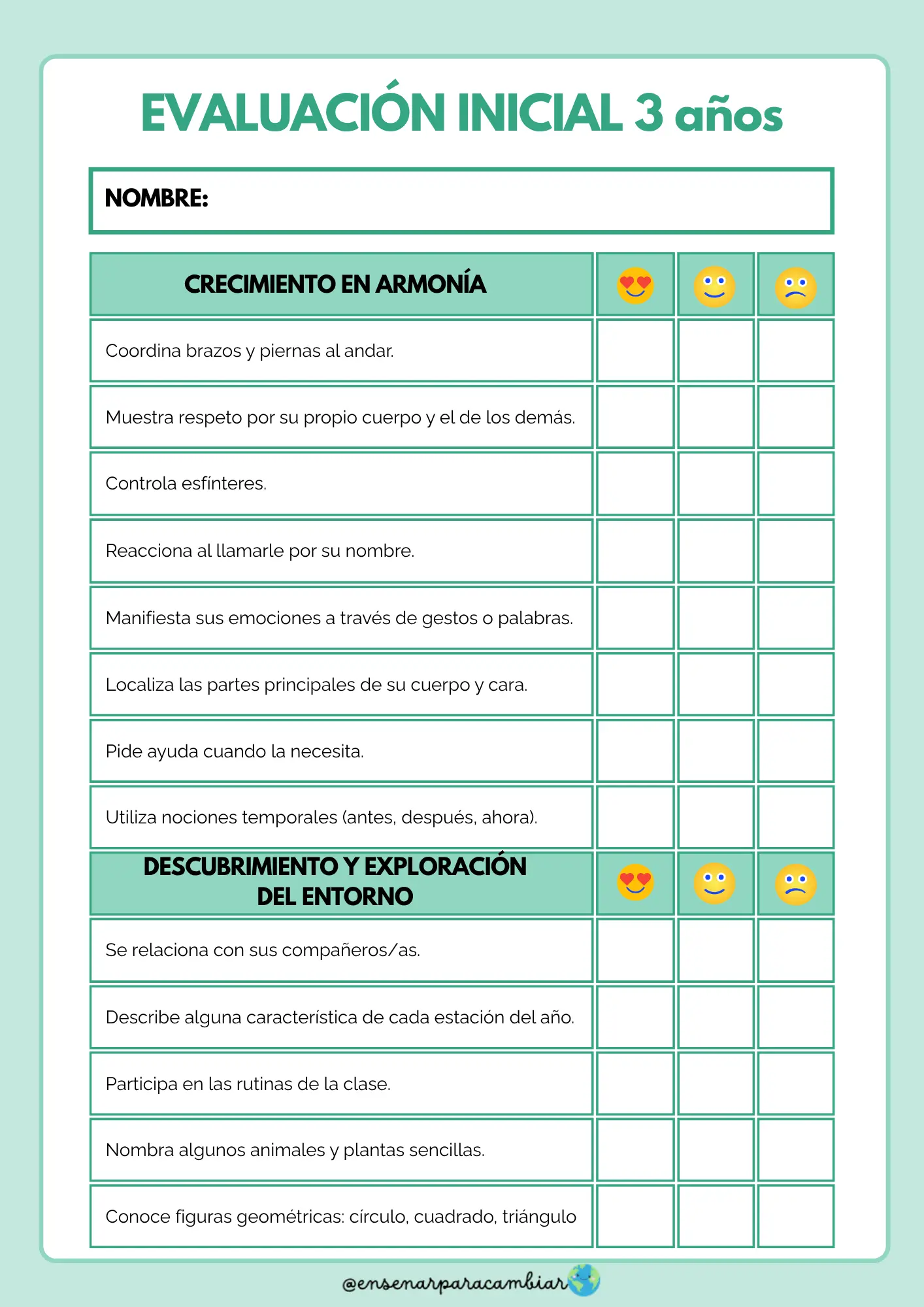 Cuaderno imprimible de evaluación inicial para educación infantil de 3, 4 y 5 años con tablas de indicadores