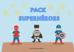 Portada del material imprimible Pack Superhéroes para infantil con juegos de letras y números para aprender jugando