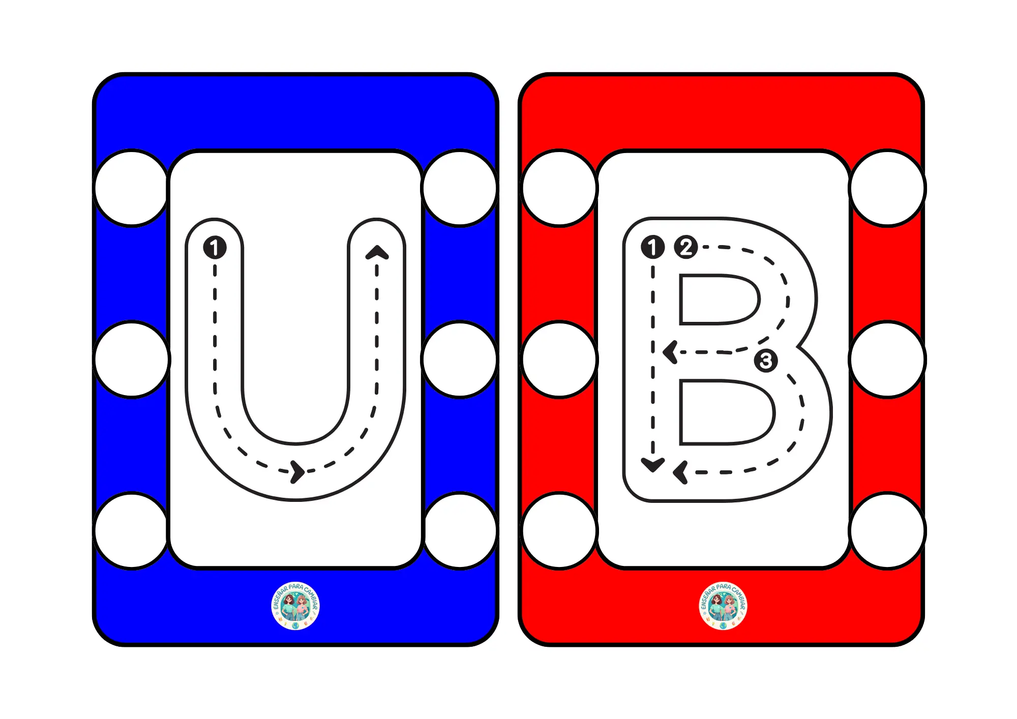 Tarjetas imprimibles del llavero trazaletras con guías de dirección numéricas para el trazo de letras y círculos de asociación fonológica