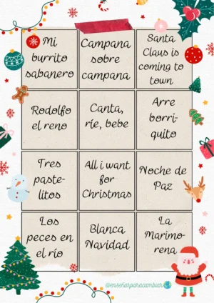 Cartones imprimibles del recurso gratuito Bingo Musical Navideño de Enseñar para Cambiar con iconos de villancicos clásicos y listas de reproducción