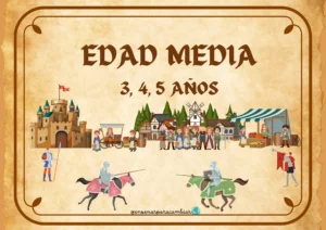 Dossier imprimible del Proyecto de la Edad Media para educación infantil de Enseñar para Cambiar con ilustraciones de castillos, caballeros y ruletas numéricas ABN
