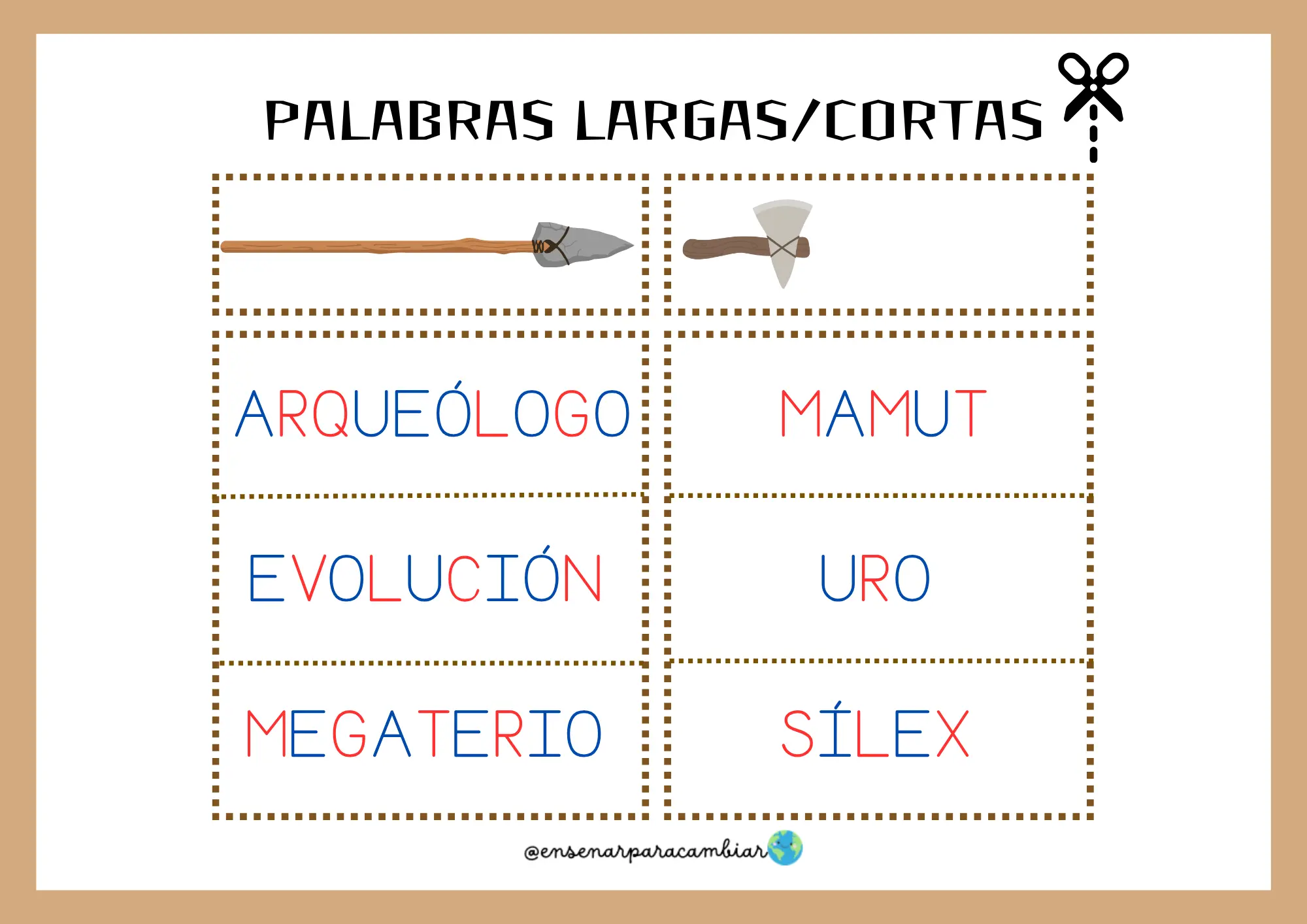 Dossier imprimibles del Proyecto de la Prehistoria de Enseñar para Cambiar con el cartel de la evolución y tarjetas manipulativas de arqueología infantil