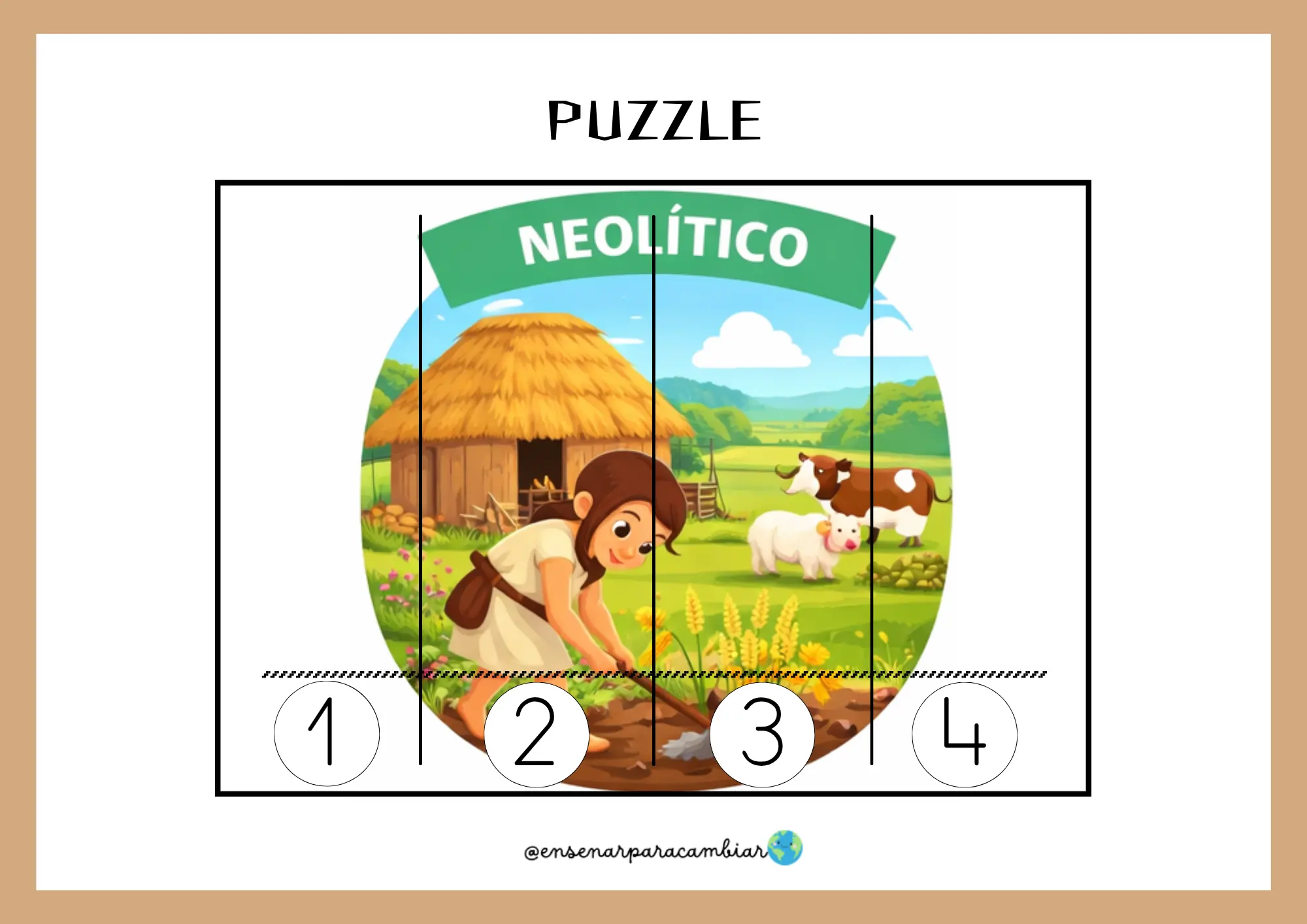 Láminas del Proyecto de la Prehistoria de Enseñar para Cambiar con el cartel de la evolución y tarjetas manipulativas de arqueología infantil