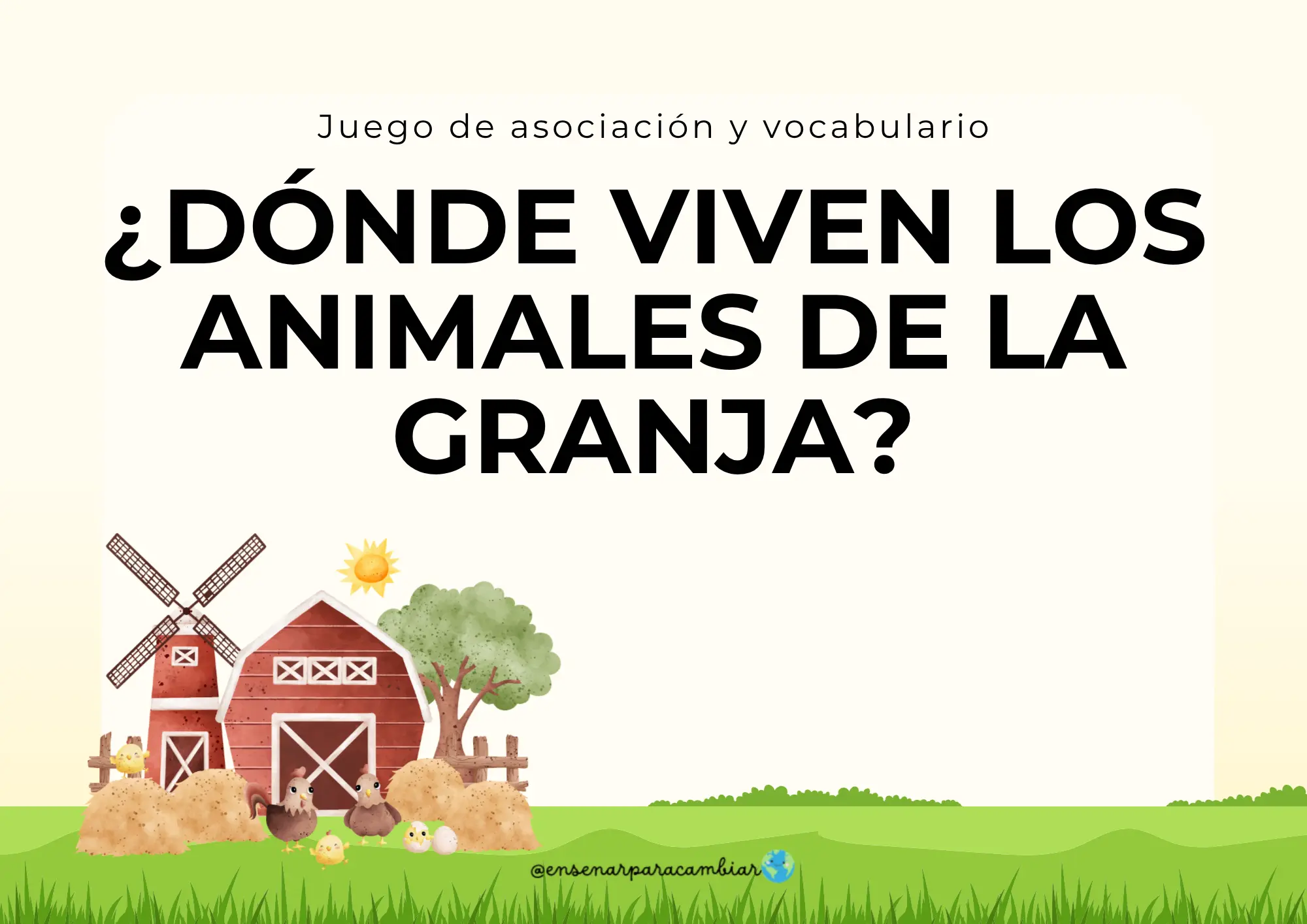 Láminas imprimibles del juego Casa de Animales de la Granja de Enseñar para Cambiar con dibujos de un establo y animales para recortar y asociar