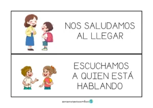 Láminas imprimibles del recurso Nuestras Normas de Aula de Enseñar para Cambiar con carteles visuales en positivo para la convivencia escolar