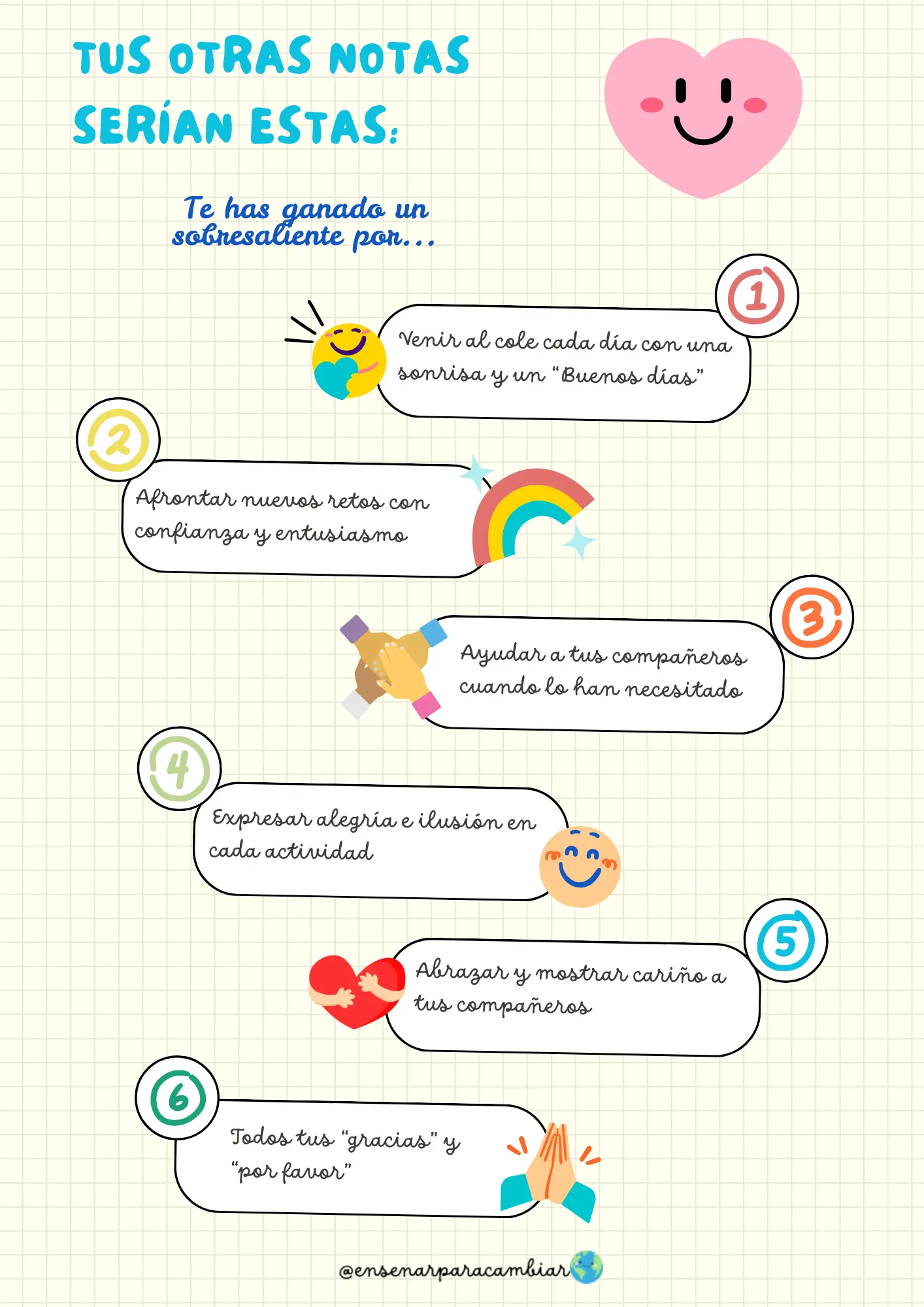 Plantilla de registro imprimible Tus Otras Notas de Enseñar para Cambiar con un boletín de notas emocional que incluye frases motivadoras e ilustraciones de un trofeo y un puzle