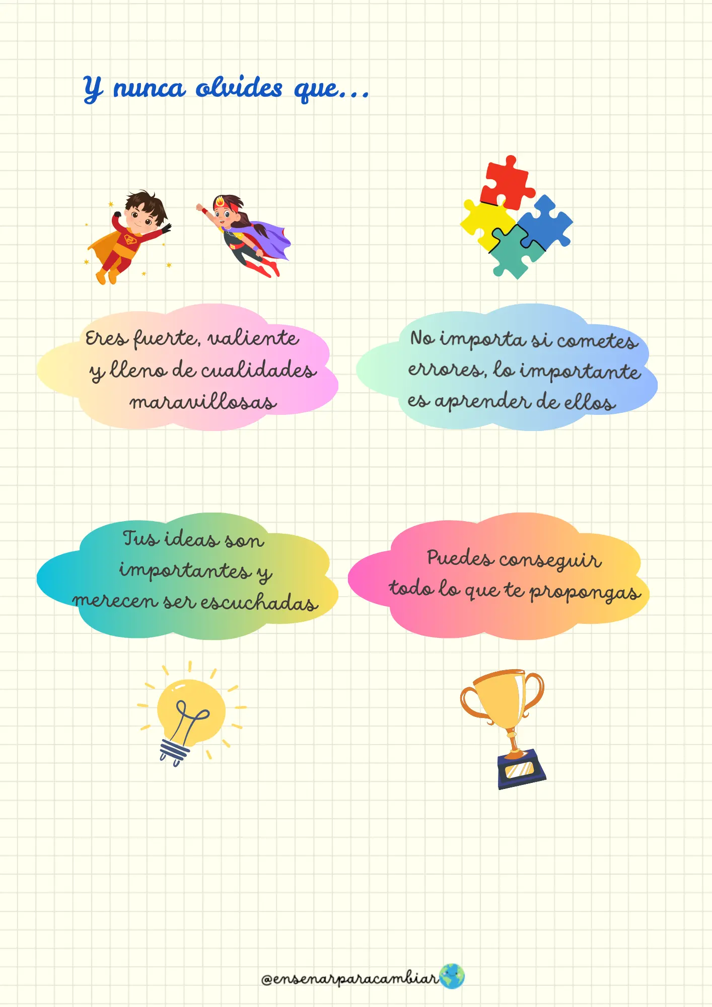 imprimible Tus Otras Notas de Enseñar para Cambiar con un boletín de notas emocional que incluye frases motivadoras e ilustraciones de un trofeo y un puzle