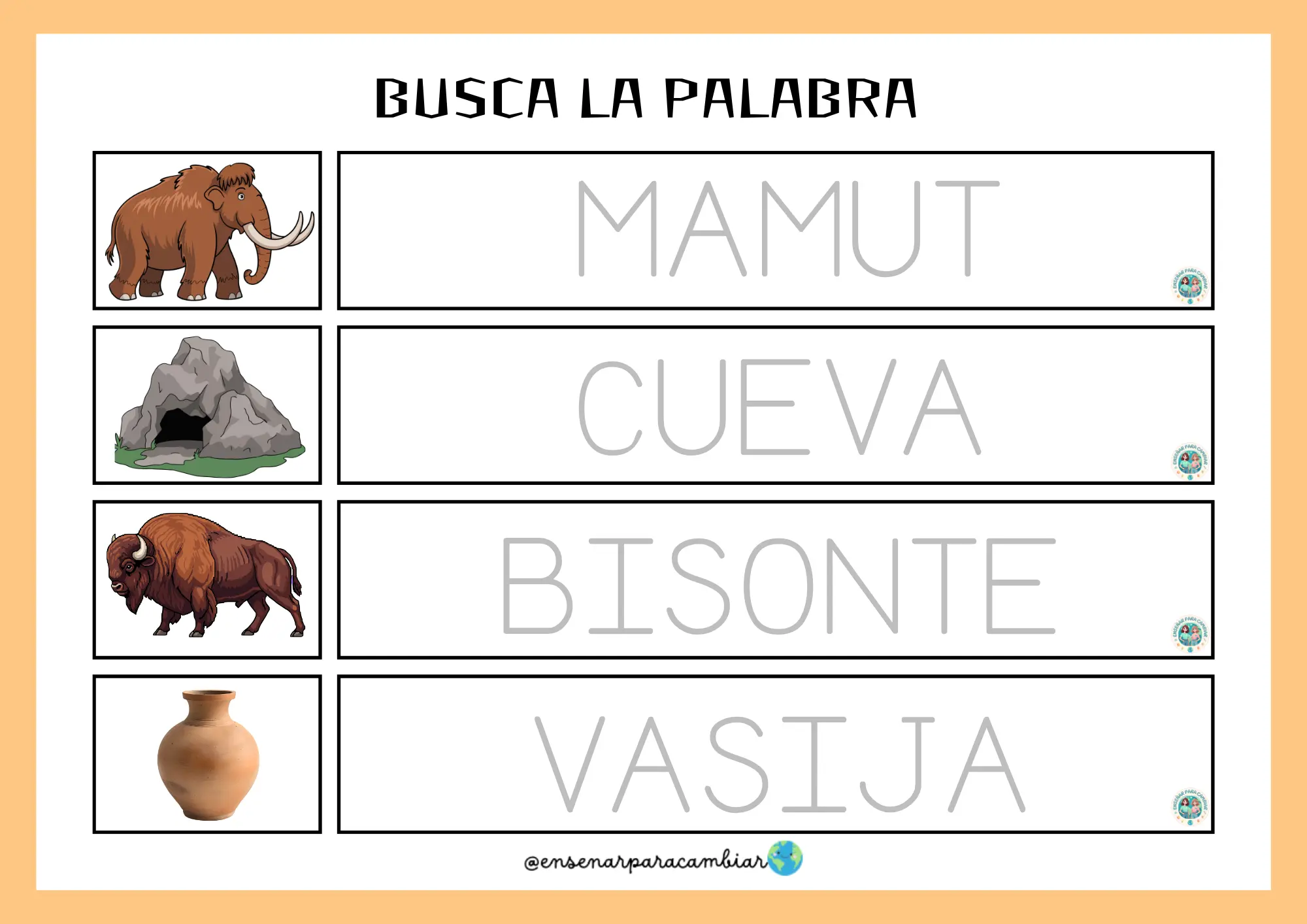 imprimibles del Proyecto de la Prehistoria de Enseñar para Cambiar con el cartel de la evolución y tarjetas manipulativas de arqueología infantil